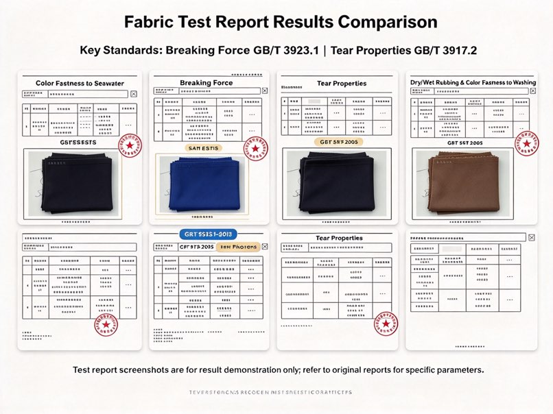 Nylon fabric test report results showing breaking force, tear properties, color fastness, and other fabric performance tests.
