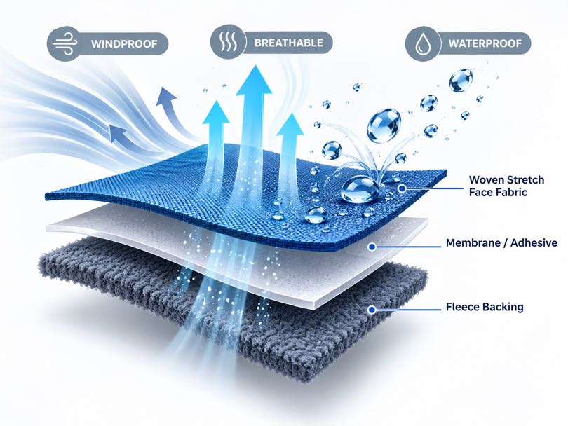 Laminated 4 Way Stretch Softshell Fabric with Membrane and Fleece Backing