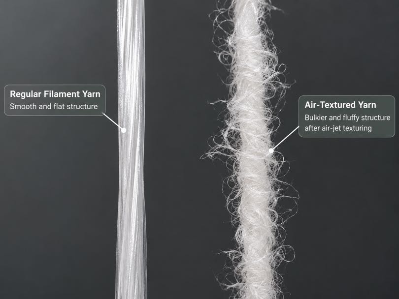 Close-up comparison of smooth synthetic yarn and air-textured yarn used to make Taslan fabric