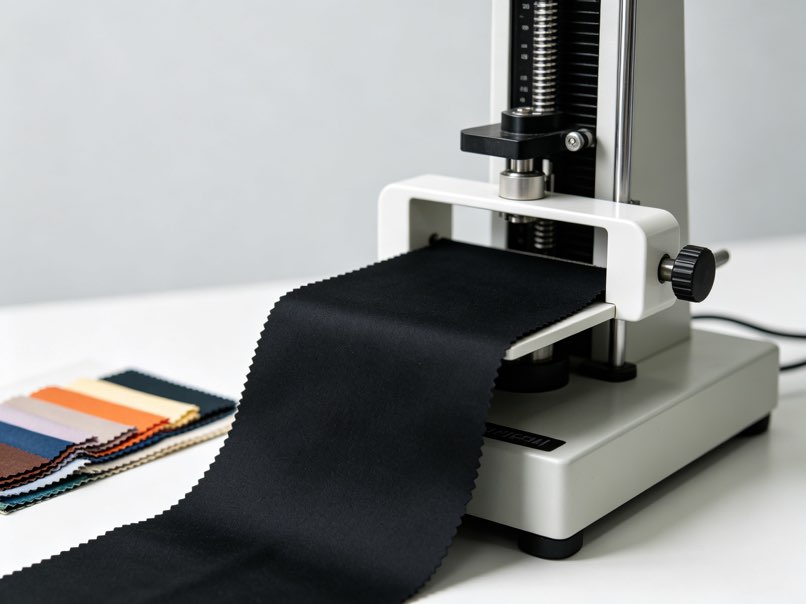 Fabric laboratory testing with a textile sample being tested on a fabric testing machine.