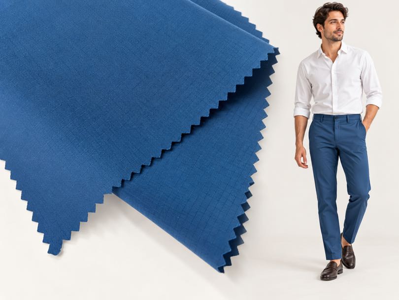 Polyester mechanical stretch fabric for sportswear, outdoor pants and active apparel.