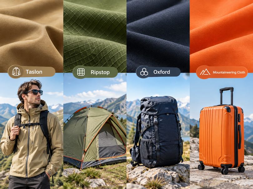 Nylon fabric types including Taslon, Ripstop, Oxford, and Mountaineering Cloth matched with outdoor apparel, tents, backpacks, and luggage.