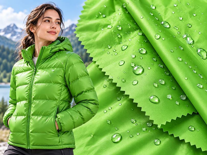 Nylon waterproof fabric with lightweight durability for outdoor jackets, rainwear and functional apparel.
