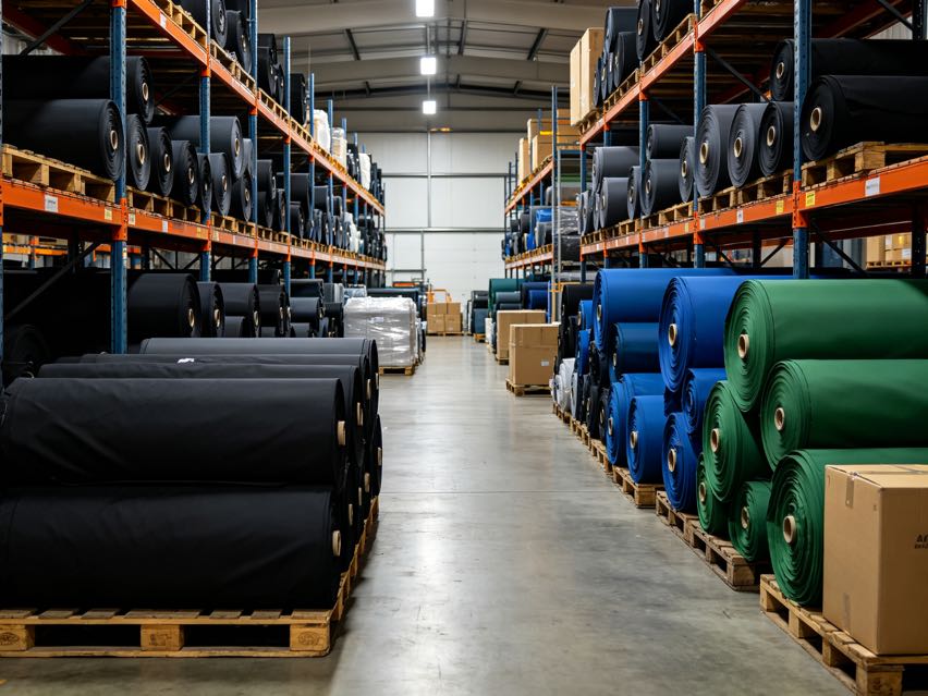 Large warehouse full of stacked rolled oxford fabric, industrial textile storage .