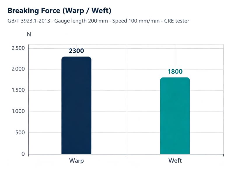 Polyester Oxford fabric breaking force comparison showing tensile strength of 2300 N in warp and 1800 N in weft.
