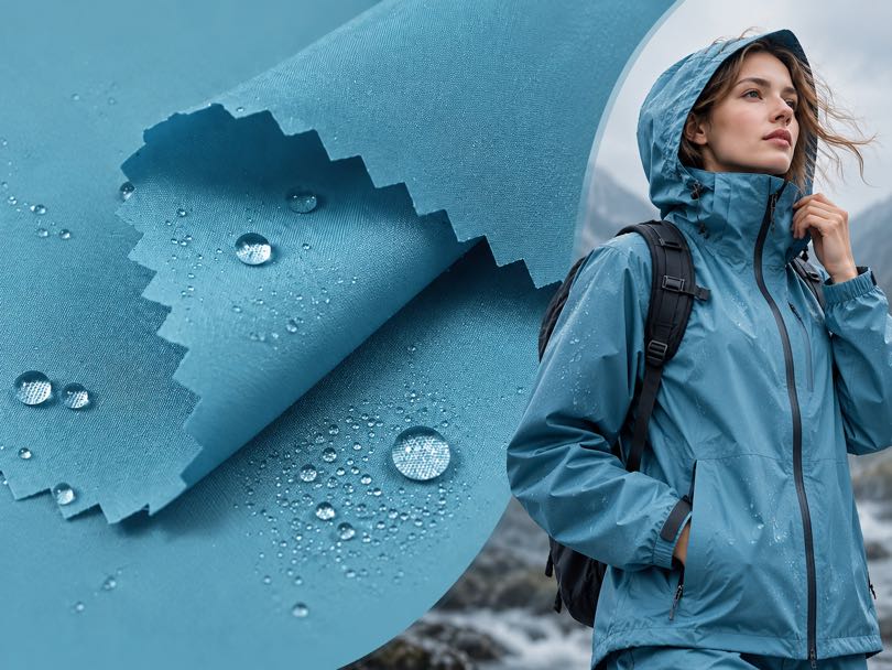 Polyester waterproof fabric with durable weather-resistant performance for jackets, rainwear and outdoor applications.
