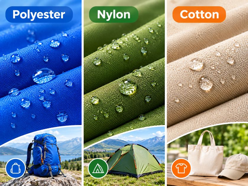 Side by side comparison of polyester, nylon and cotton fabric with water droplets showing waterproof texture.
