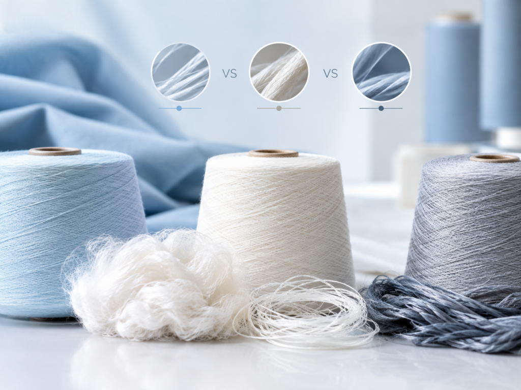 Spandex, Elastane, and LYCRA® comparison showing stretch fibers used in apparel and textile manufacturing.