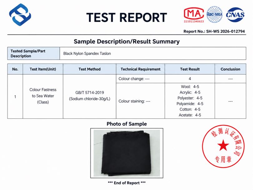 Laboratory sea water colour fastness test report for black nylon-spandex Taslan fabric
