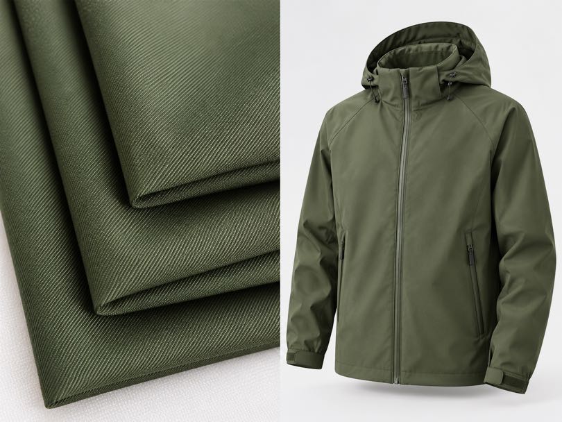 Taslan fabric sample and matching outdoor jacket showing its matte texture and finished appearance
