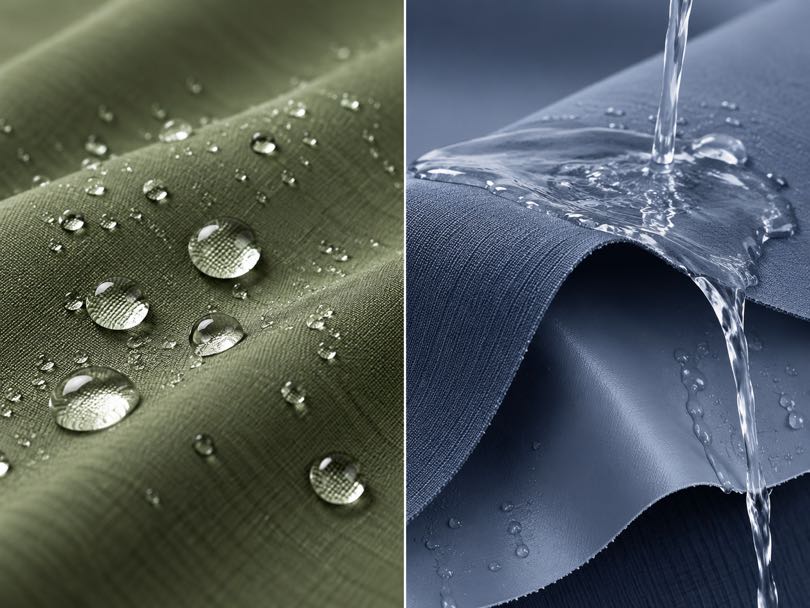 Comparison of water droplets on two Taslan fabric surfaces showing different water-repellent effects