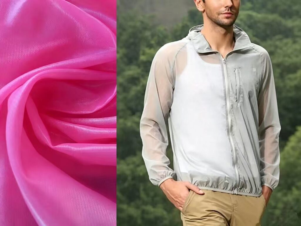 Nylon taffeta fabric for lightweight vests with smooth texture, wind resistance and everyday comfort.