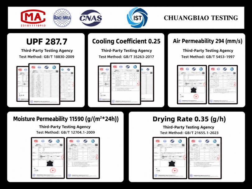 Chuangbiao Testing summary of UPF, cooling coefficient, air permeability, moisture permeability and drying rate