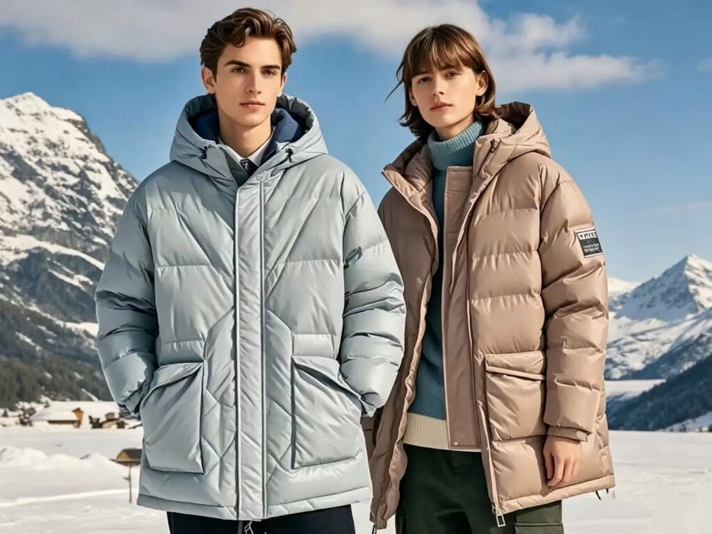Nylon taffeta fabric for puffer jackets with lightweight structure, smooth texture and wind-resistant performance.