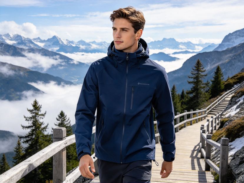 Softshell fabric for outdoor jackets with stretch, wind-resistant and weather-protective performance.
