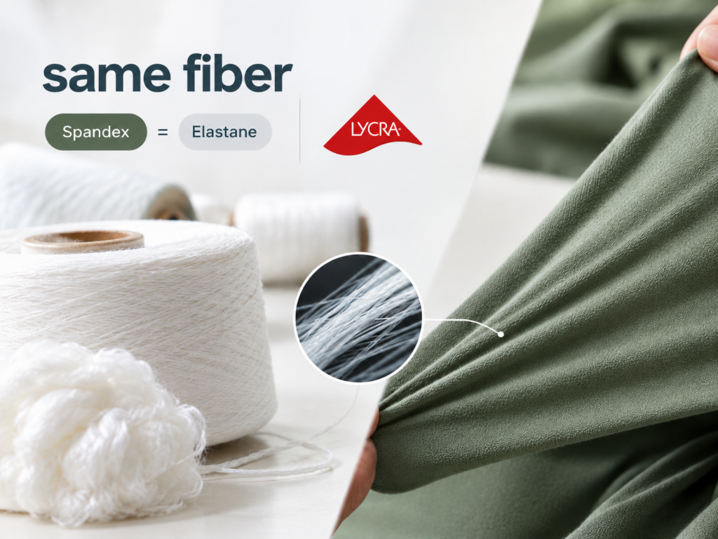 Spandex vs Elastane vs LYCRA® comparison showing that spandex and elastane refer to the same stretch fiber, while LYCRA® is a brand name.