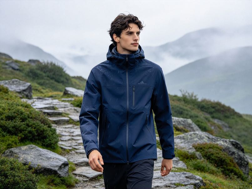 Nylon fabric for outdoor jackets with lightweight durability, wind resistance and weather-protective performance.