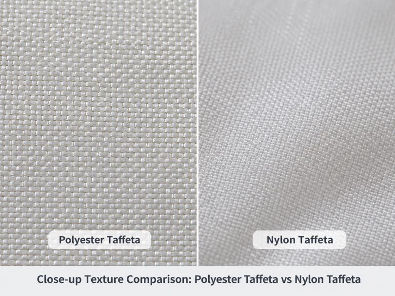 Close-up views of polyester and nylon taffeta fabric swatches with visible woven surfaces.