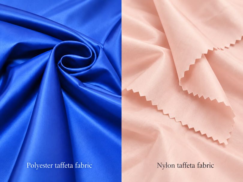 Polyester and nylon taffeta fabric swatches showing differences in texture, surface finish, and woven structure.