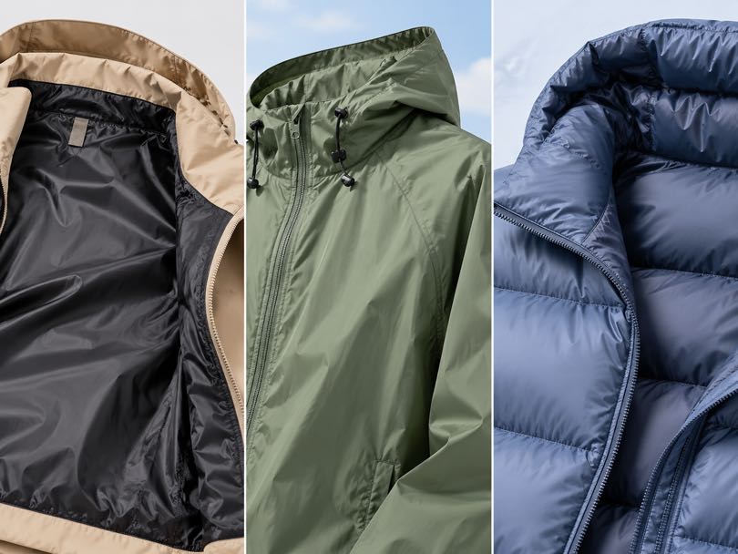 Taffeta fabric applications in jacket linings, lightweight windbreakers, and down jackets.