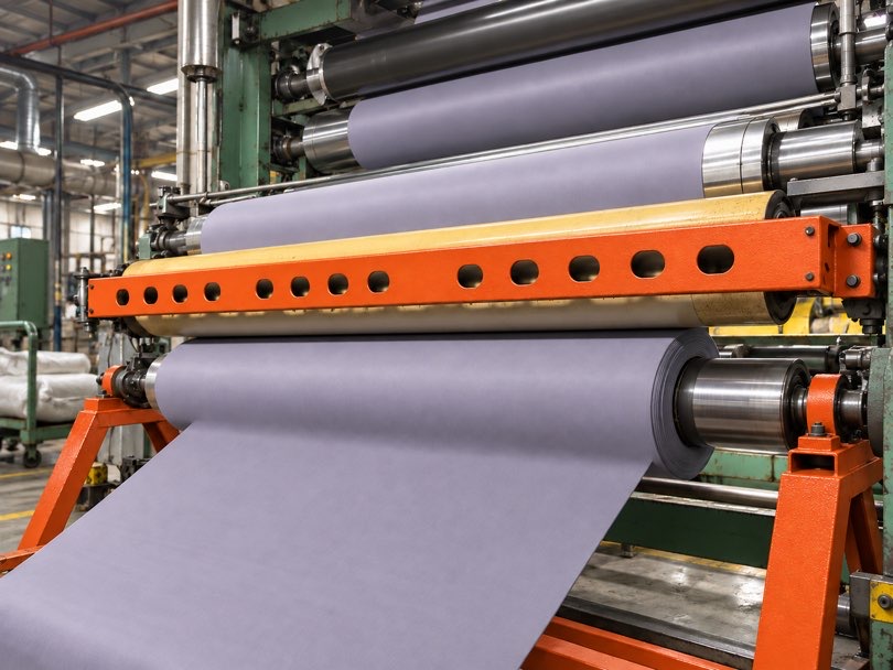 Taffeta fabric passing through calendering rollers during textile finishing.