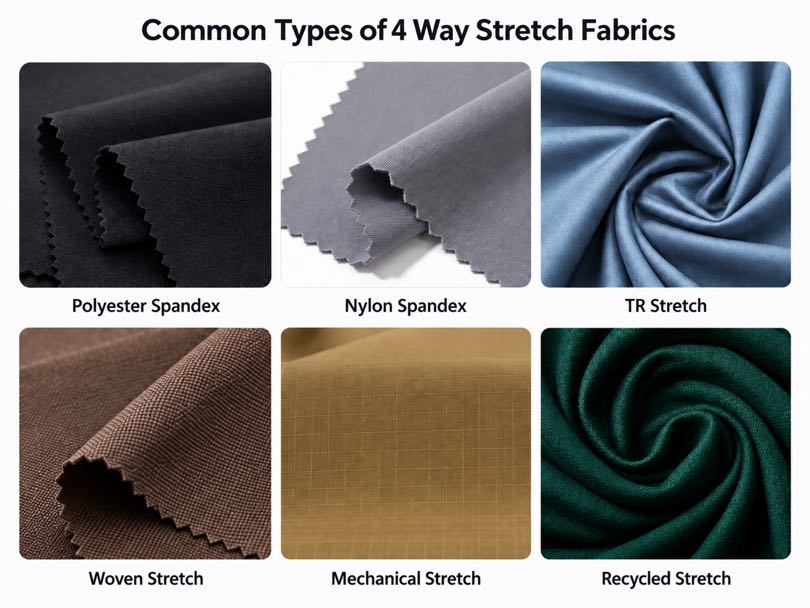 Different Types of 4 Way Stretch Fabrics Including Polyester, Nylon, TR and Mechanical Stretch
