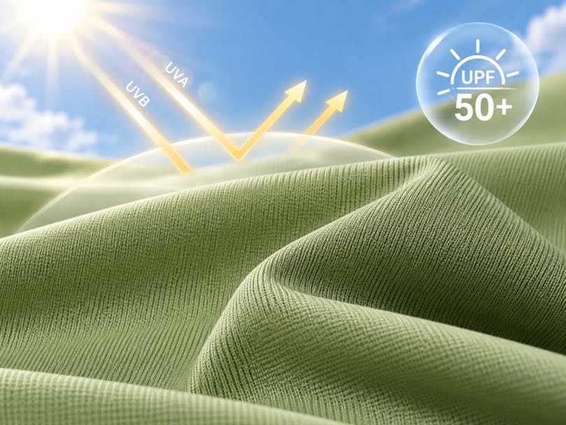 Close-up of yarn-level UV protection knit fabric for sun-protective clothing